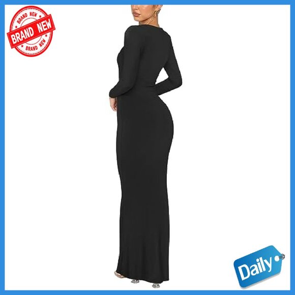 Long Sleeve Ribbed Maxi Dress Formal Bodycon Figure Flattering - Picture 4 of 7